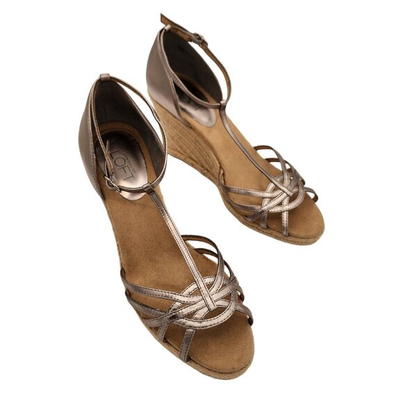 Ann Taylor LOFT Bronze Wedge Sandals - Size 7.5 - Strappy Espadrille High Heel - Picture 3 of 6